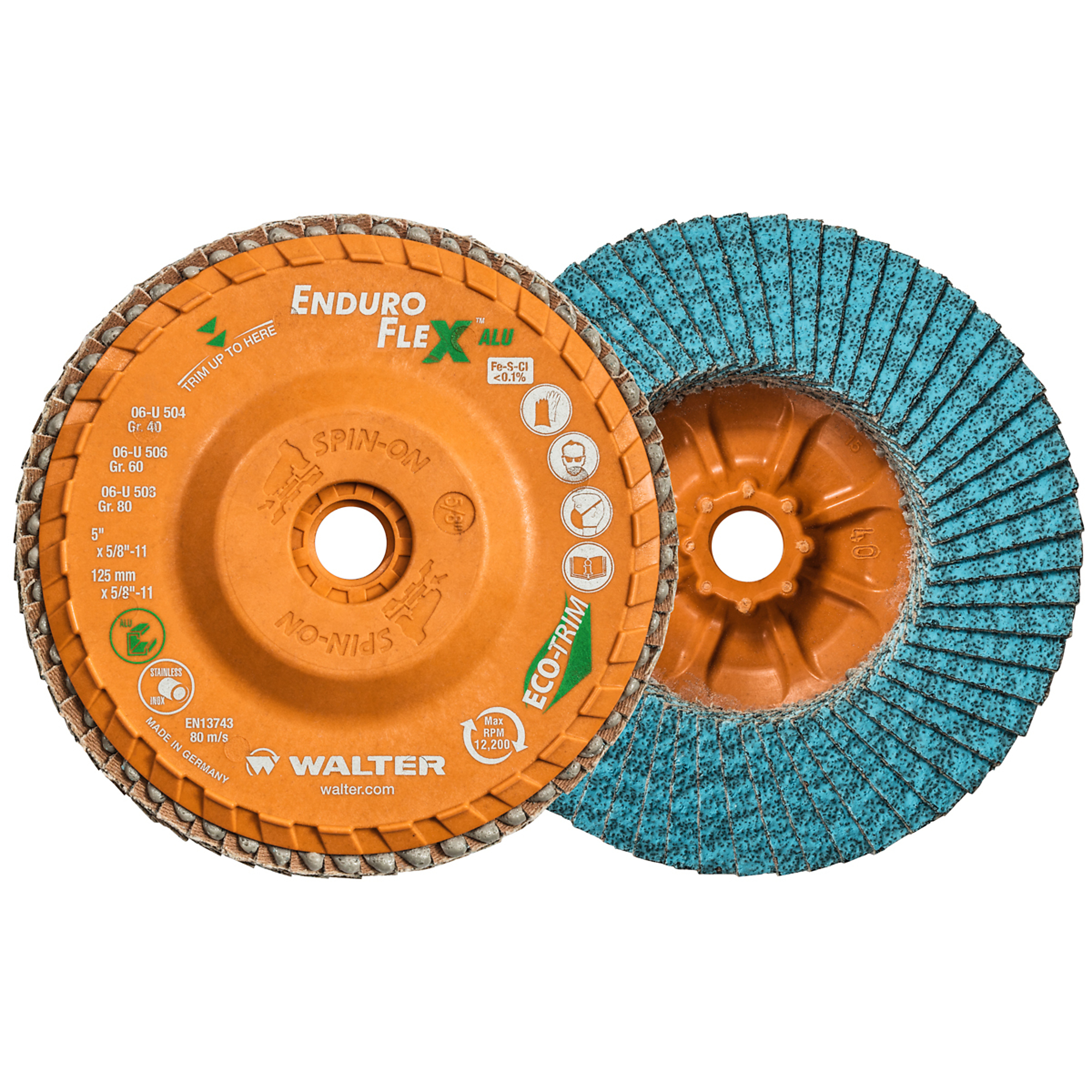 Walter Enduro-Flex Alu Spin-On Flap Discs — 5in., GR40, Zirconia Alumina, 10 Pk., Model# 06U504